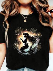 1 Women's Short Sleeve T-Shirt With Mermaid Print, Modern, Elegant And Slimming, The Perfect Gift For Birthdays Or Holidays, 180g 100% Cotton. - 黑色五號 - 查看 9