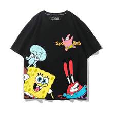camisetas  evelyn playera bob esponja Camiseta Bershka  Unisex:Playera de algodón unisex Manga Corta con Estampado de Letras,  Estilo Americano Retro, Talla  y Cuello Redondo, Ideal para Ver - Negro - Ver 3