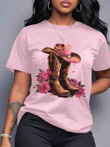 LUNE Camiseta de cuello redondo con estampado de botas de estilo occidental para mujer - Rosa - Ver 1