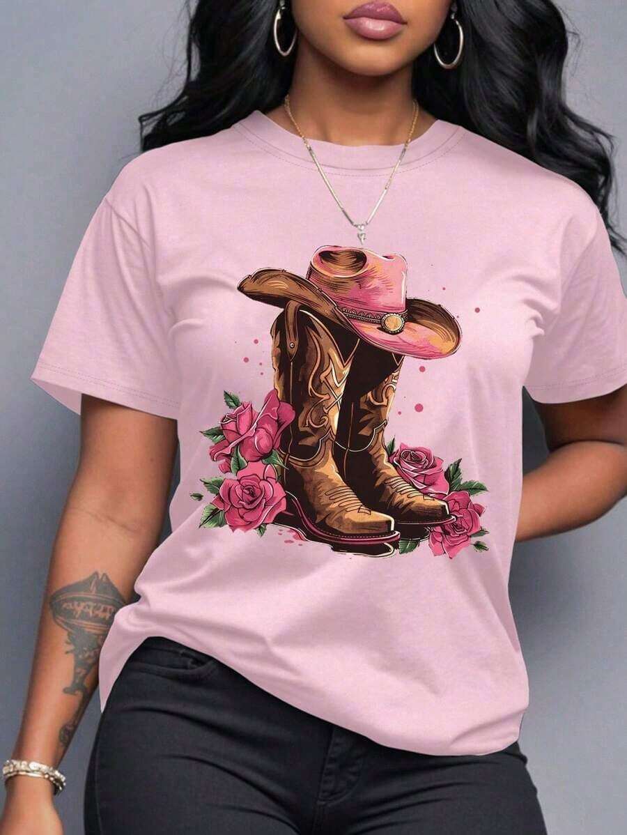 LUNE Camiseta de cuello redondo con estampado de botas de estilo occidental para mujer - Rosa - Ver 1