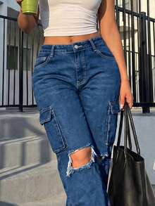 Women's Denim Cargo Pants With Distressed Detail, Functional Pockets & Button Closure Retro Stylish Design Outing Jeans - Dark Wash - View 3