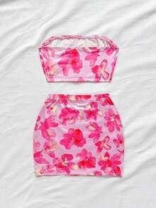 con estampado floral Top bandeau & Falda ajustada - Multicolor - Ver 2