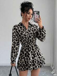 Vestido casual y elegante de manga larga con volantes y estampado de leopardo para mujer - Gris Claro - Ver 6