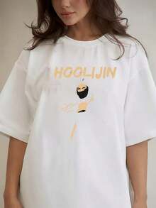 Camiseta de manga corta para mujer, camiseta de cuello redondo de manga corta para mujer, amarilla, con estampado inspirado en K-HOOLIJIN2 Stray Kids2 Hyunjin2, top informal de estilo urbano para conciertos y uso diario, conciertos de K-, reuniones de fans, ropa urbana informal, uso diario informal. - Blanco - Ver 5