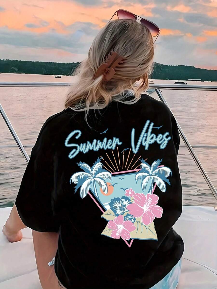 Cálida T-shirt Verano Estilo Tropical Colorido Diseño Moderno Playa Ocio Casual Disponible en Negro Varias Tallas Ropa de Moda 2023 - Negro - Ver 1