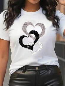 Camiseta de Verano para Mujer con Estampado de Corazones, Cuello Redondo y Manga Corta, Estilo Deportivo y Moderno para Todas las Temporadas - Blanco - Ver 11