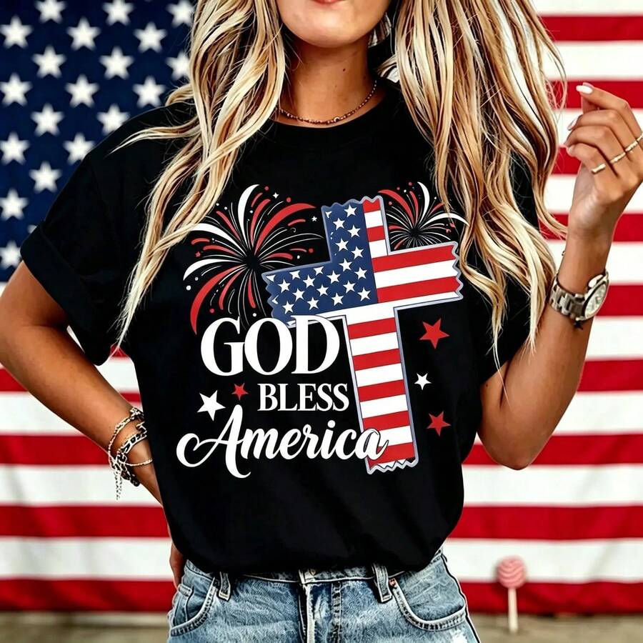 Women's "God Bless America" T-Shirt, 250 Years Of America, USA 250th Anniversary, Independence Day Gift T-Shirt, 4th Of July, Cotton T-Shirt For Men And Women - GO-BN-黑色 - 查看 1