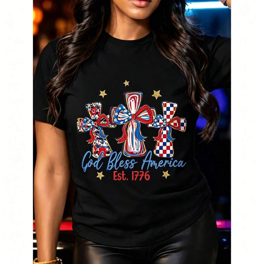 Women's "God Bless America" T-Shirt, 250 Years Of America, 250th Anniversary Of The USA, Gift T-Shirt For Independence Day, 4th Of July, Cotton T-Shirt For Men And Women - GBA-Black - 查看 1