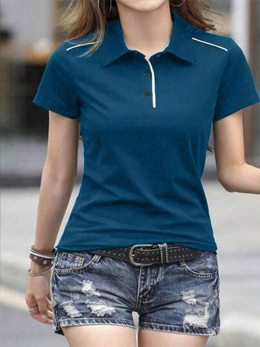 Camiseta sencilla de manga corta con estampado de color contrastante para mujer - Azul - Ver 1