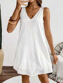 Vestido sencillo de un solo color sin mangas para uso diario, atuendos de playa de vacaciones para mujer - Blanco 2 - Ver 6
