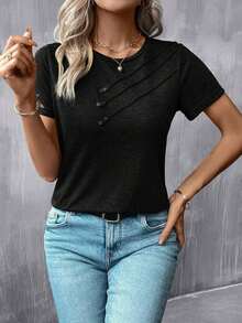 Camiseta casual de mujer con cuello redondo y detalle de botones - Negro - Ver 3