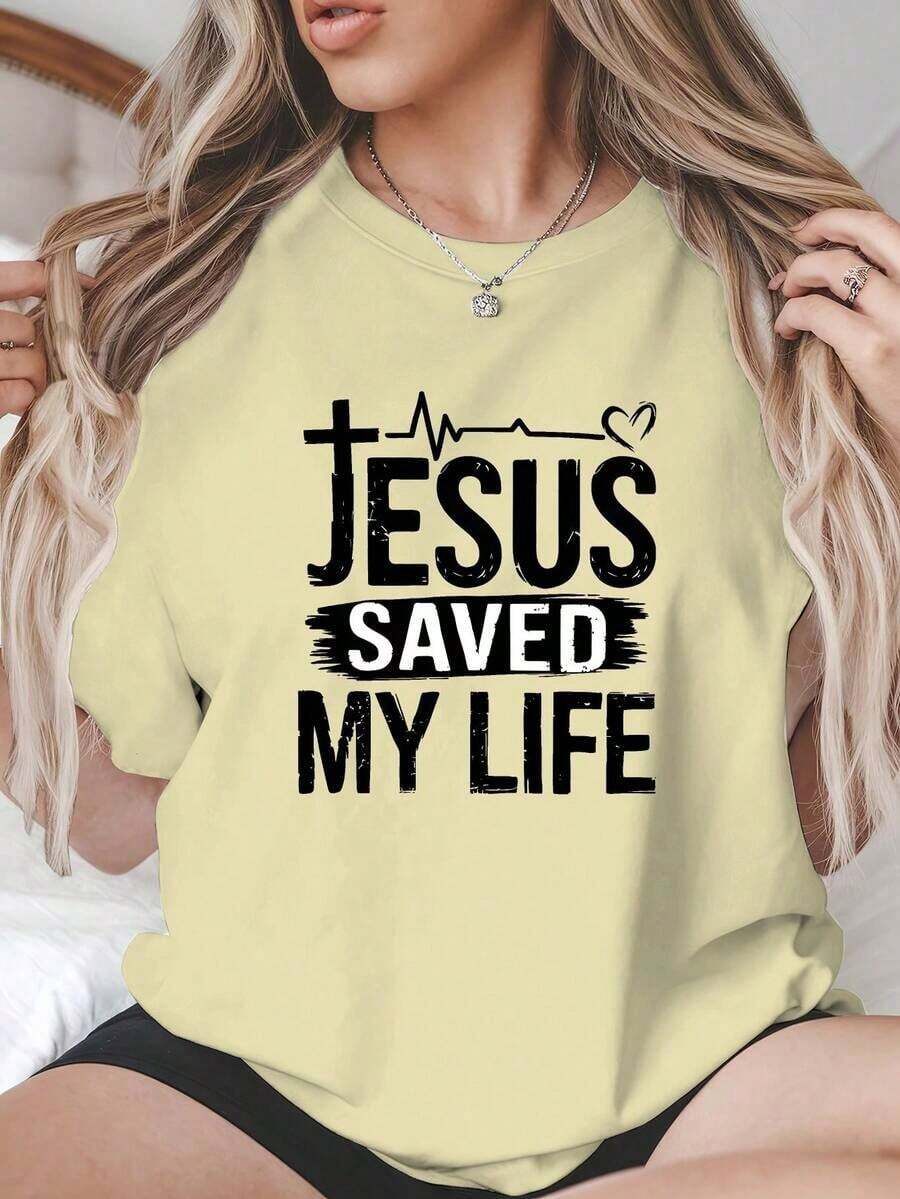 Women's Casual Cotton T-Shirt, Women's Size Clothing, "Jesus Saved My Life" Print T-Shirt, Short-Sleeved Crew Neck Casual Top For Spring/Summer, Women's Size Clothing. Versatile Style Suitable For Summer. - 杏 - 查看 1