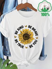 Women's Short Sleeve T-Shirt With Creative Sunflower Slogan Print, Round Neck, Breathable, Casual And Versatile, Ideal For Family Trips, Holidays And Outdoor Activities, Summer And Autumn Season, Model 3259 - [白色的] - 查看 4