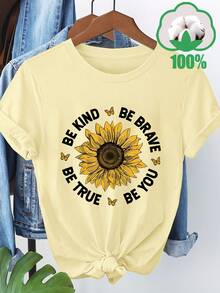 Women's Short Sleeve T-Shirt With Creative Sunflower Slogan Print, Round Neck, Breathable, Casual And Versatile, Ideal For Family Trips, Holidays And Outdoor Activities, Summer And Autumn Season, Model 3259 - 杏 - 查看 1