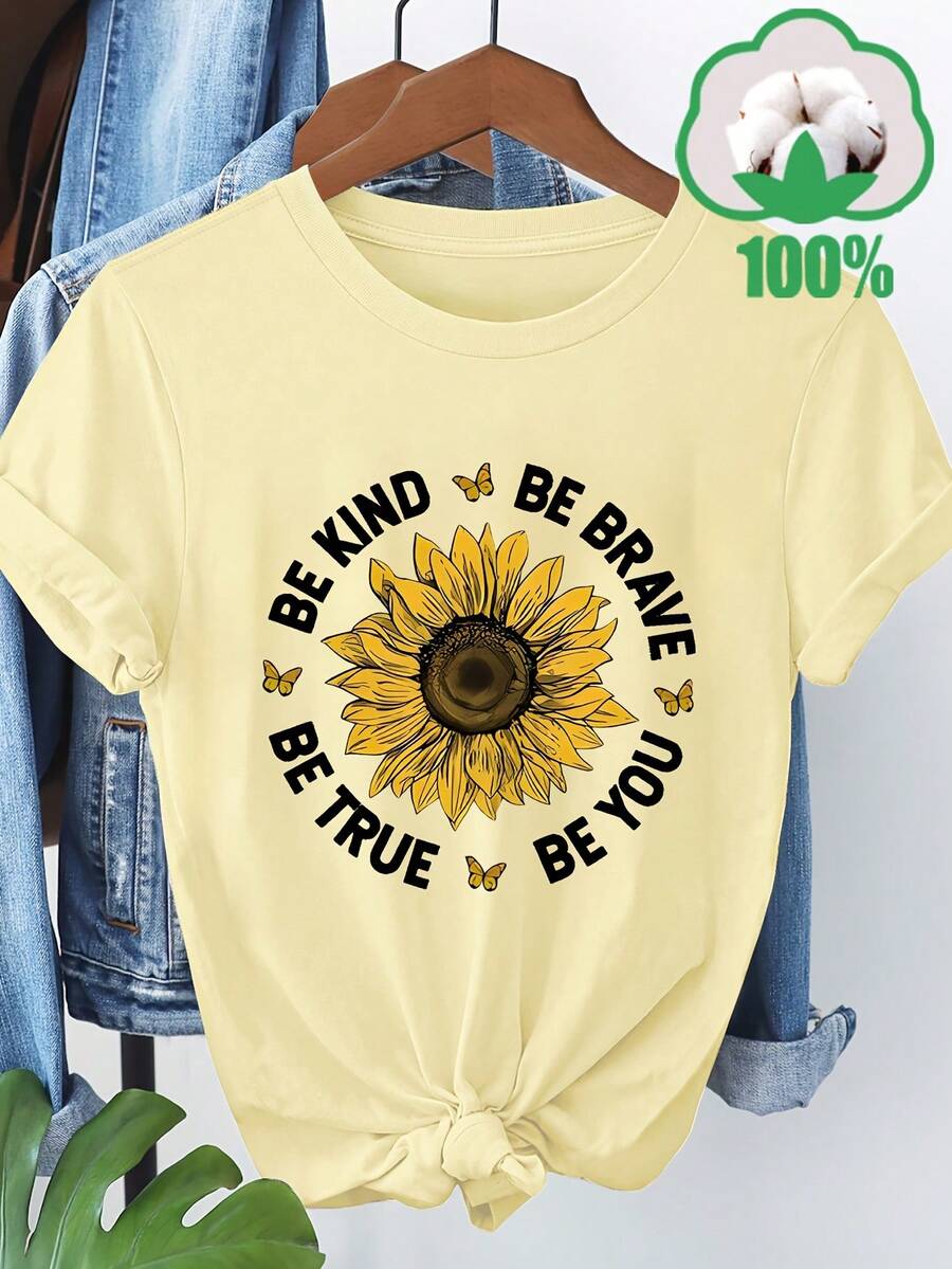 Women's Short Sleeve T-Shirt With Creative Sunflower Slogan Print, Round Neck, Breathable, Casual And Versatile, Ideal For Family Trips, Holidays And Outdoor Activities, Summer And Autumn Season, Model 3259 - 杏 - 查看 1
