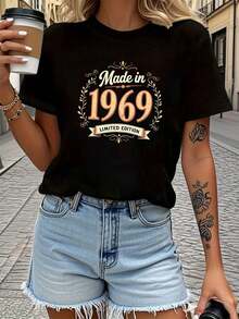 Camiseta Vintage de Edición Limitada para Mujer 1969 - Camiseta vintage de manga corta y cuello redondo con estampado de letras originales, adecuada como prenda informal para primavera y verano, lavable a máquina, una elección icónica para uso casual o un regalo nostálgico. Camiseta cómoda y versátil de manga corta. - Negro - Ver 1