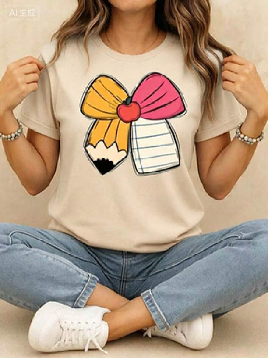 This Casual T-Shirt Features A Simple Print, A Round Neck, And Short Sleeves. The Classic, Basic Design Is Universally Flattering, And The Loose, Relaxed Fit Feels Comfortable And Breathable. The Fine, Soft Texture Is Soft Against The Skin And Breathable, So It Won't Pill Or Lose Its Shape Over Time. The Subtle, Elegant Print Design Is A Must-Have For Summer. This Versatile Piece Pairs Perfectly With All Kinds Of Bottoms-You Can't Go Wrong. - 米色 - 查看 1