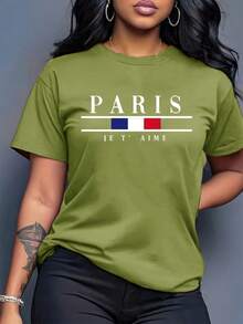 Women's Short-Sleeved Top With 'PARIS JE T'AIME' Flag Print, Round Neck, Machine Washable, Comfortable, Soft And Breathable, Ideal For Spring, Summer And Autumn. Loose, Casual, Elegant, Perfect For Everyday Wear And Available In Sizes S-XXL - 綠色軍隊 - 查看 1