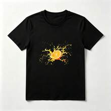 Orange Splattered Refreshing Black Cotton T-Shirt For Summer - 黑色 - 查看 1