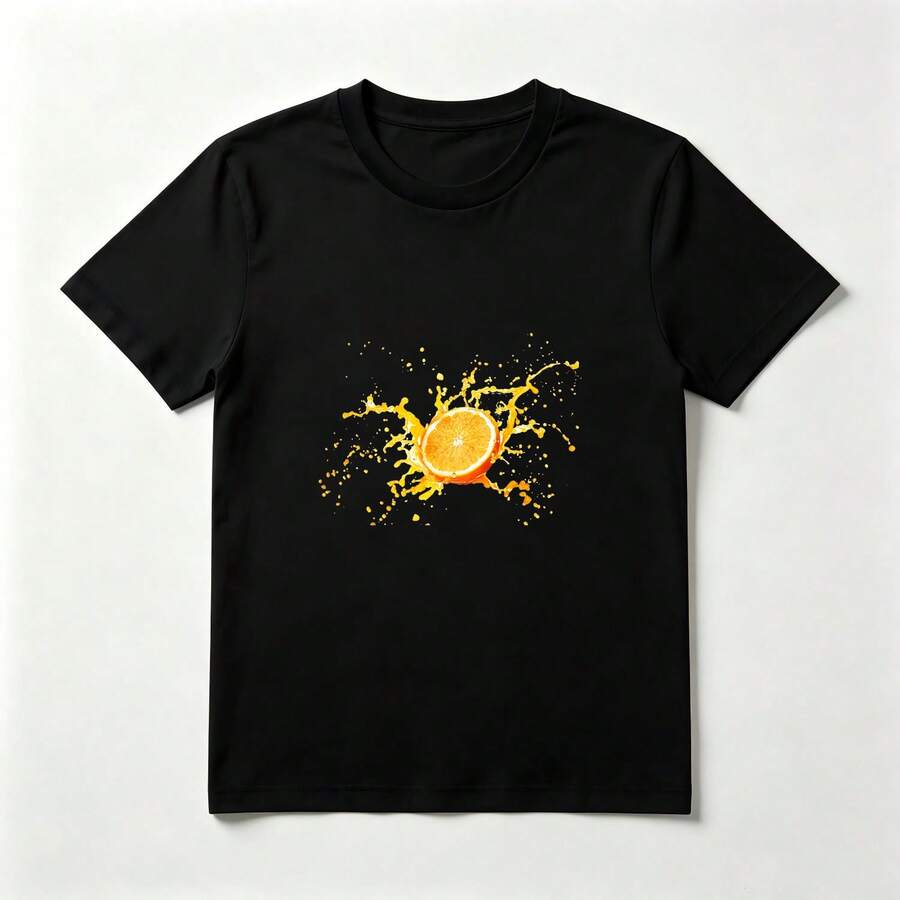 Orange Splattered Refreshing Black Cotton T-Shirt For Summer - 黑色 - 查看 1