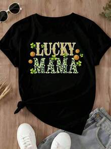 Women's Short-Sleeved T-Shirt With Shamrock And Gold Coin Print "Lucky Mama" For St. Patrick's Day Celebration, Women's Summer Casual Wear. - 黑色 - 查看 2