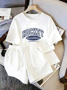 Conjunto de dos piezas para mujer, blusa con letras azul marino HOCKEY GRANDMA, estilo retro universitario y juvenil - Camiseta blanca + pantalones cortos blancos - Ver 6