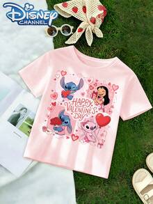 Disney Cute Disney Style Men's T-Shirt Happy Valentine's Day Stitch And Lilo Print Summer Casual Wear For Kids Gift For Children - Hồng - Xem 2