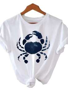 Women's Short Sleeve Crew Neck T-Shirt With Blue Crab Print On White Shirt S-3XL Fashionable, Comfortable And Breathable, Machine Washable - 白色 - 查看 1