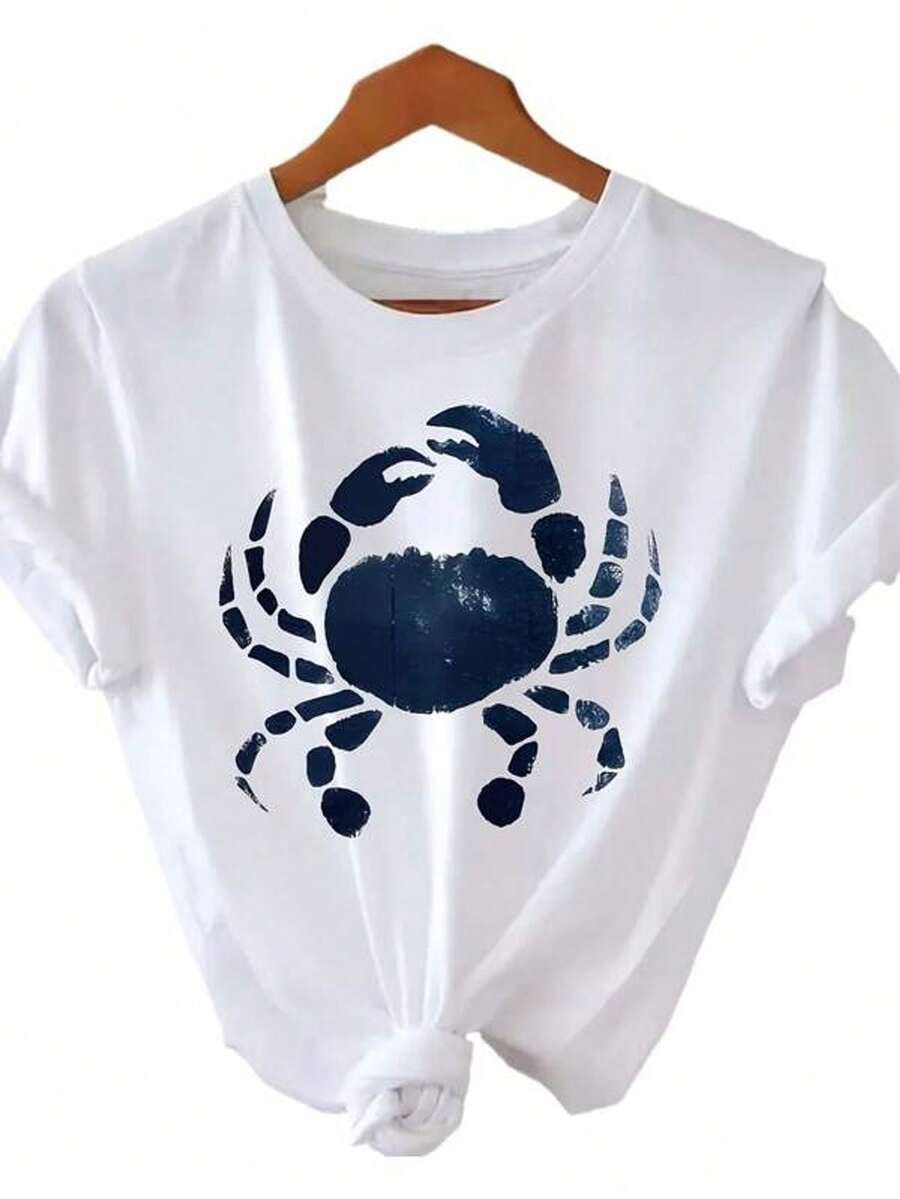 Women's Short Sleeve Crew Neck T-Shirt With Blue Crab Print On White Shirt S-3XL Fashionable, Comfortable And Breathable, Machine Washable - 白色 - 查看 1