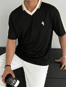 Men's Patchwork Retro Pattern T-Shirt With Mini Horse Print, Suitable For Casual Wear - Black - View 3
