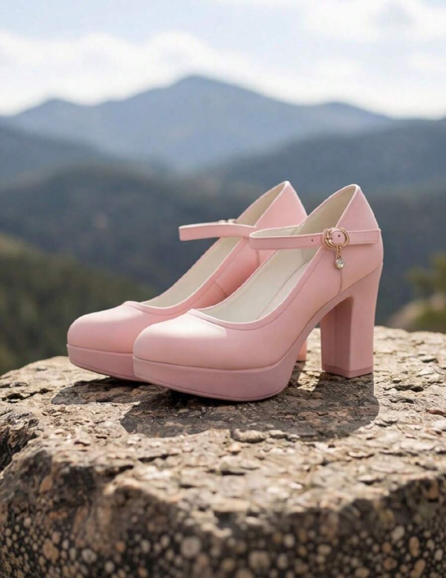 Geeyea Red Mary Jane Chunky Heels, Comfortable Round-Toe Flats With A Single Buckle, Versatile Women's Shoes. - 粉色 - 查看 1