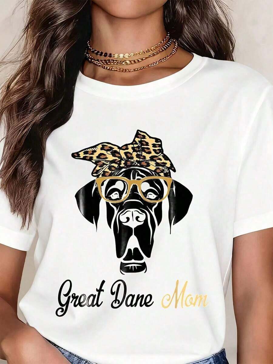 Women's T-Shirts, Mother's Day T-Shirt, Leopard Print, Headscarf, Sunglasses, Gas Mask, Casual Style, Round Neck, Short Sleeve, Perfect As A Birthday Gift And For Mother's Day, Suitable For Wearing In All Seasons, For Daily Outdoor Use. - 白色 - 查看 1
