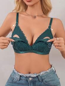 Maternity Front-Open Nursing Bra, Sexy Floral Lace, Adjustable Shoulder Straps, Comfortable Bra - Dark Green - View 2