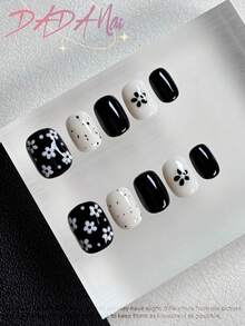 10pcs Short Square Handmade Press On Nails, Summer Nails, Black & Cream Fake Nails, Hand‑Painted White Flower, Polka Dot & Speckle Nail Art, Glossy Finish, Reusable Acrylic Nails For Daily Wear - Multicolor - View 3