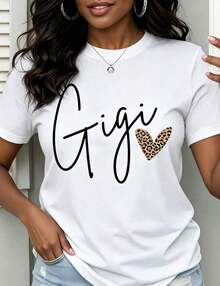 1 pieza de camiseta negra para mujer con estampado de corazón de leopardo Gigi, cuello redondo, camiseta casual de algodón, tejido de punto de elasticidad media, corte regular para damas, para primavera/verano/otoño, camiseta cómoda de algodón. - Blanco - Ver 7
