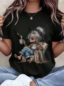 Women's T-Shirt With Graffiti Print Of An Elderly Woman Drinking Coffee, Relaxed Sitting In A Chair, Round Neck, Casual Loose Fit For Everyday Wear, Gift Idea, Women's T-Shirts - 黑色 - 查看 6