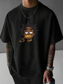 Camiseta de manga corta para hombre, negra, con estampado de retrato y grandes dientes dorados, estilo deportivo, casual y versátil. - Negro - Ver 1