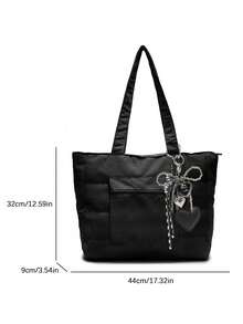 Simple Solid Color New Popular Quilted Tote Bag In Spring And Summer, Lightweight, Practical And Large Capacity With Body Patch Pockets, Shoulder Bag, Zipper Switch, Double Shoulder Straps, High-Value Armpit Bag, Suitable For Commuting To Work, School, Class, Shopping And Storage - Black - View 6