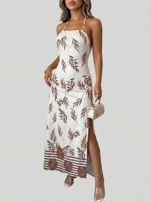 Sedessea Women's Leaf Print Split Design Casual Party Dress Summer Elegant - Multicolor - View 1