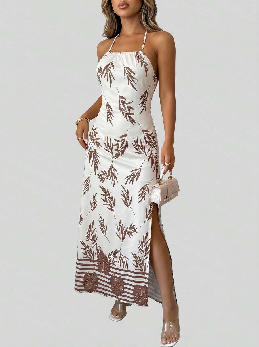 Sedessea Women's Leaf Print Split Design Casual Party Dress Summer Elegant - Multicolor - View 1