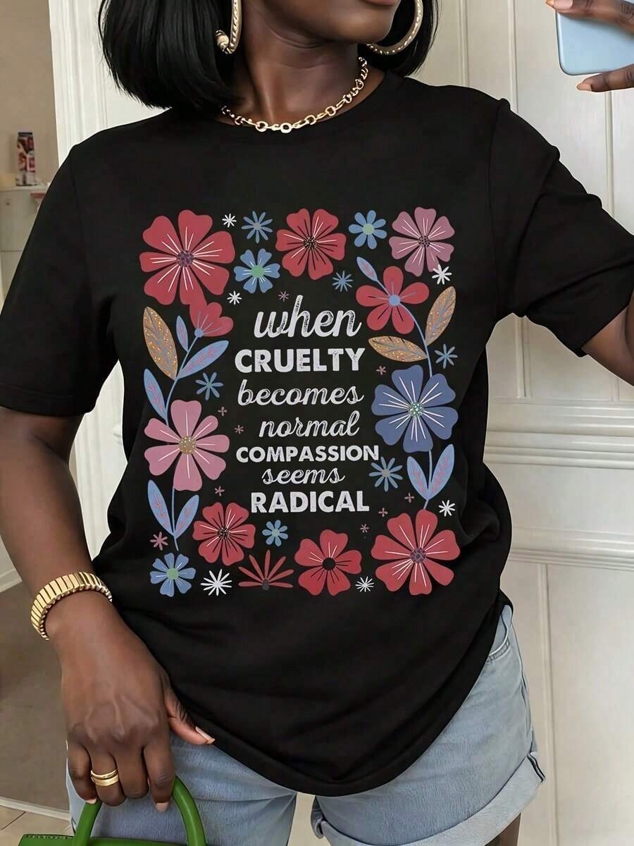 1 pieza de camiseta de verano para mujer con cita floral de compasión, cuello redondo casual, manga corta, regalo de primavera-verano para ella. - Negro - Ver 1