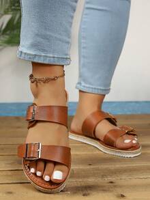 Women's New Plus Size Wide Toe Box Woven Sole Lightweight Comfortable Flat Casual Vacation Style Slide Sandals - Brown - View 3