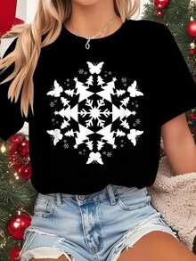 Camiseta Deportiva Casual para Mujer con Patrón de Copos de Nieve - Camiseta Negra Elástica de Cuello Redondo, Lavable aáquina, Ajuste Cómodo para Todas las Estaciones, para un Look Informal y Elegante. - Negro - Ver 6
