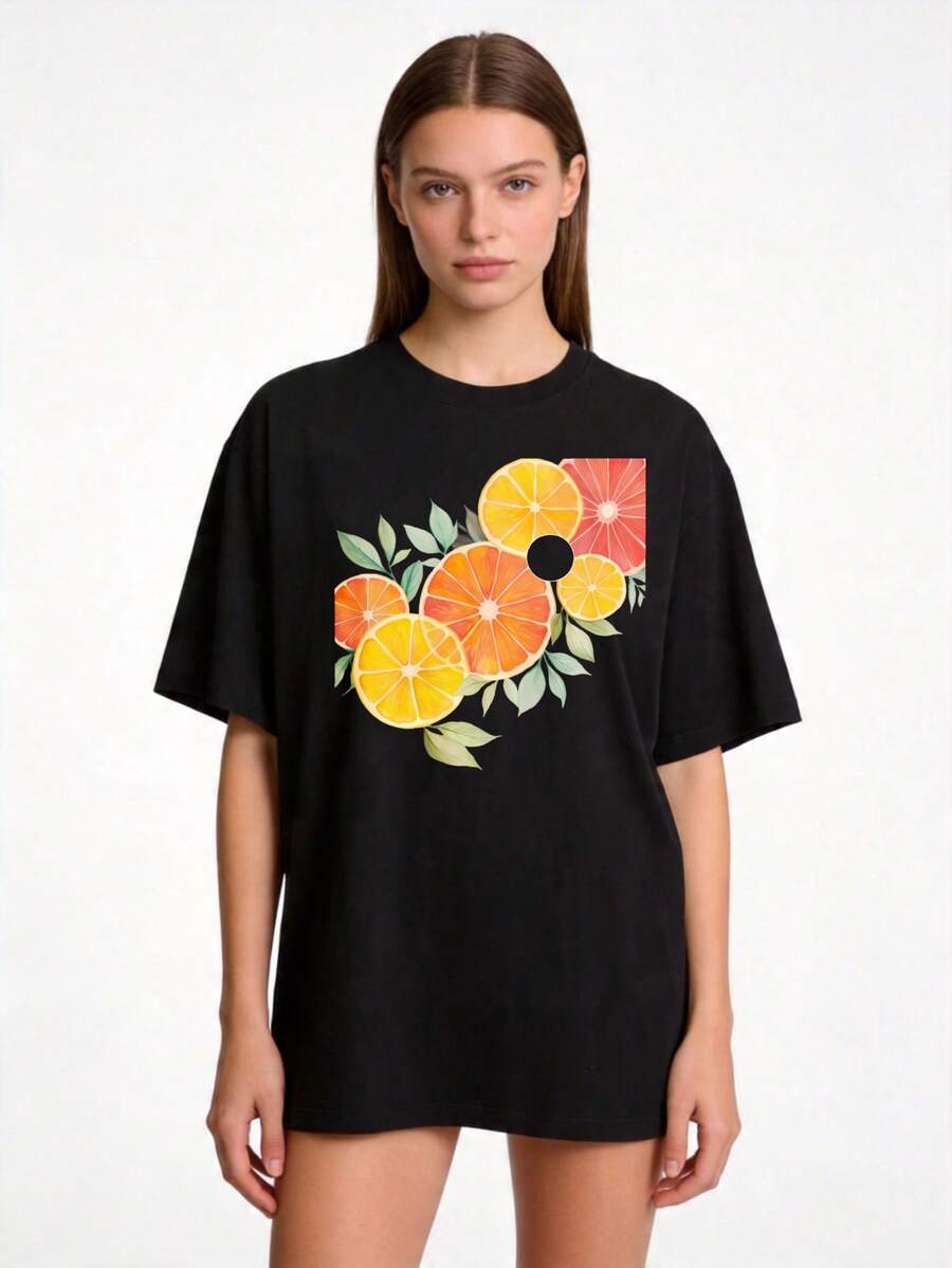 Premium Fruit Print 1-Piece Set, Plus Size, Unisex, 100% Cotton Crew Neck T-Shirt, Loose Fit, Basic Tee, Citrus Slices And Leaves Design, Suitable For Family And Couple Sets, Summer Wear, Gift For Friends And Family, . - 黑色 - 查看 1