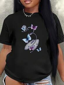 Camiseta de poliéster de manga corta con estampado de mariposas, ligera y duradera, adecuada para uso casual en casa o en una cafetería, con tela suave para un uso diario cómodo.blusa casual mujer - Negro - Ver 1