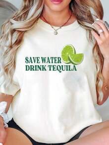 T-Shirt With The Print "Save Water, Drink Tequila" And A Lime Wedge For Casual Wear And Party Outfits. Women's Casual Blouse - 白色 - 查看 2