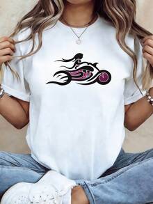 Talla grande, camiseta de talla grande para mujer de motociclista - Camiseta de manga corta y cuello redondo con estampado gráfico de motociclista, ropa casual de primavera verano adecuada para montar, eventos al aire libre y trayectos diarios, prenda lavable a máquina - Blanco - Ver 6