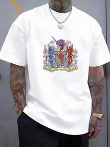 Men's T-Shirt With Skull Print, Featuring Robot, Unicorn, Shield, Trident, Sword, Skulls, Feathers And Lettering Designs, Short Sleeve, Round Neck, Loose Fit, Casual Style For Men, Casual Sportswear For Men, New And Breathable Design, Ideal For 2026 And Video Games, Embroidered Quick-Drying Garment. - 白色 - 查看 8