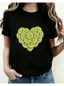Women's Short-Sleeved T-Shirt With Creative Kiwi Heart Print, Round Neck, Slim Fit, Ideal For Casual Wear On Daily Outings, Meetings And Parties, With A Unique Fruit Graphic Design, Perfect For All Seasons. - 黑色 - 查看 1