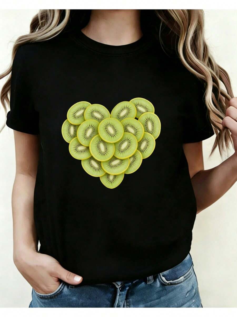 Women's Short-Sleeved T-Shirt With Creative Kiwi Heart Print, Round Neck, Slim Fit, Ideal For Casual Wear On Daily Outings, Meetings And Parties, With A Unique Fruit Graphic Design, Perfect For All Seasons. - 黑色 - 查看 1